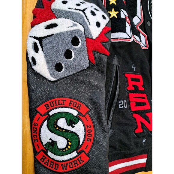 REASON Sport Varsity Letter Bomber Jacket Men's Sz Small Black Wool Blend Lined - Picture 3 of 13